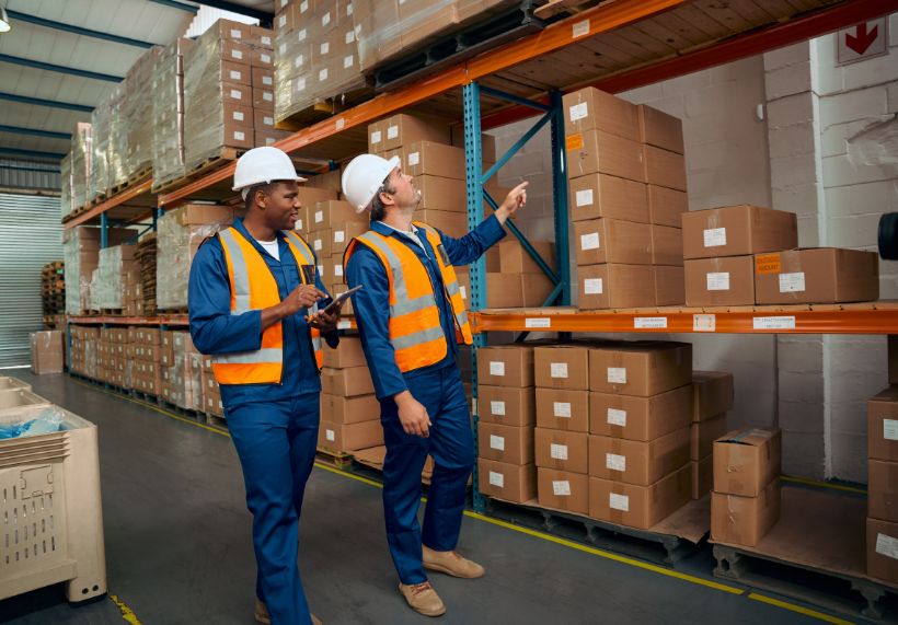 Dos trabajadores realizando un plan de formación en una fábrica de cartón.